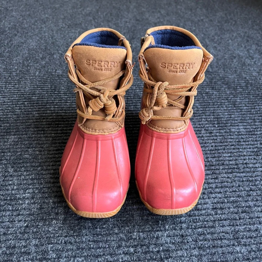 Sperry Saltwater Duck Boots Kids 11M Pink Tan Waterproof Side Zip rain snow shoe